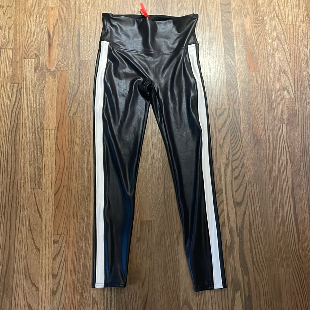 Spanx Large faux leather black with white stripe leggings